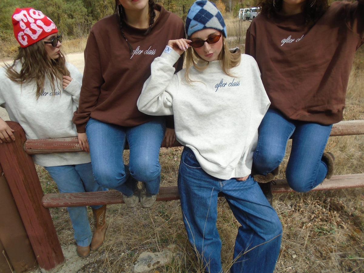 Four friends in Chocolate and Heather Grey Mocknecks along a fence